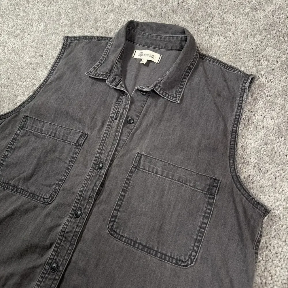 Madewell Women's M Denim Button Front‎ Long Vest Gray Wash Bikerchic
